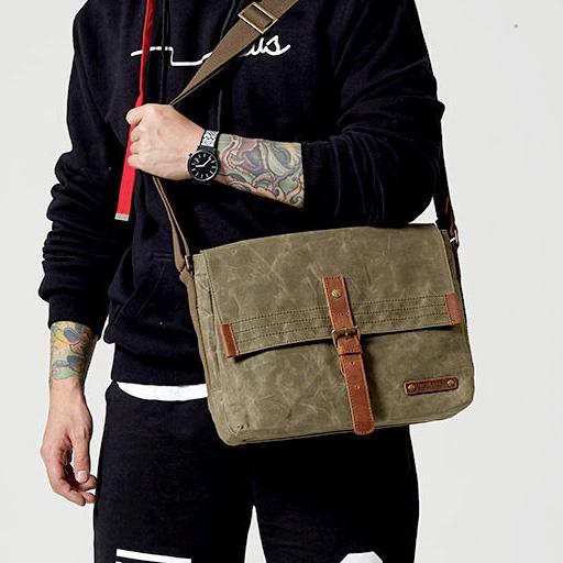 Fashion Waxed Canvas Leather Mens Army Green Side Bags Messenger Bags Khaki Casual Canvas Courier Bag for Men