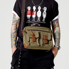 Fashion Canvas Leather Mens Khaki Side Bag Messenger Bags Army Green Canvas Courier Bag for Men