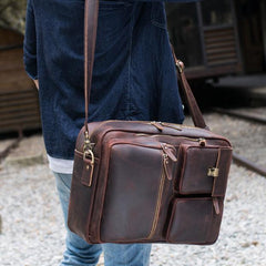 Large Brown Leather Mens Briefcase 15inch Laptop Backpack Work Bag Travel Bag For Men - imessengerbags