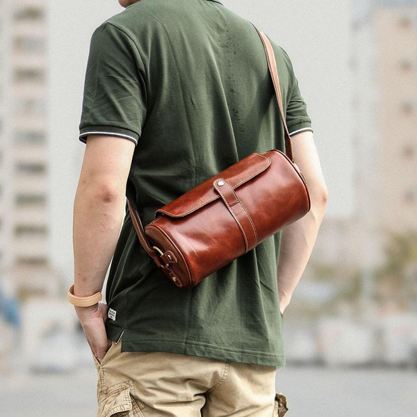 Brown Leather Mens Casual Bucket Shoulder Bag Barrel Messenger Bags Postman Bag For Men - imessengerbags