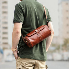 Brown Leather Mens Casual Bucket Shoulder Bag Barrel Messenger Bags Postman Bag For Men - imessengerbags