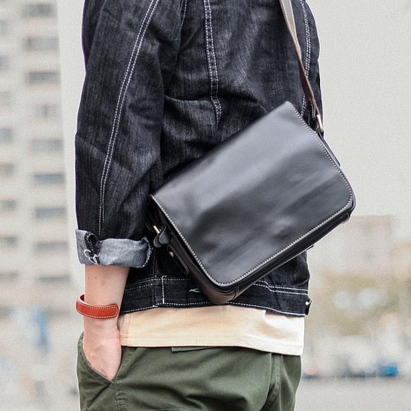 Cool Black Leather Mens Small Courier Bags Black Messenger Bags Brown Postman Bags For Men - imessengerbags