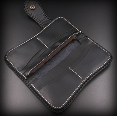 Handmade Mens Cool Tooled Zhong Kui demon Leather Chain Wallet Biker Trucker Wallet with Chain