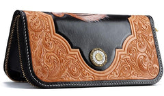 Handmade Leather Mens Clutch Wallet Cool Floral Tiger Tooled Wallet Long Zipper Wallets for Men - imessengerbags