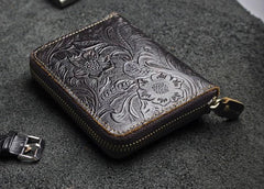 Handmade Leather Floral Mens Zipper Cool billfold Wallet Card Holder Small Card Slim Wallets for Men - imessengerbags