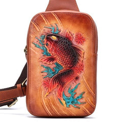 Handmade Leather Tooled Mens Cool Chest Bag Sling Bag Crossbody Bag Travel Bag Hiking Bag for men