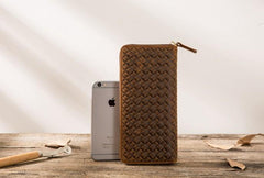 Cool Leather Mens Braided Long Zipper Clutch Wallet Long Wallet for Men - imessengerbags