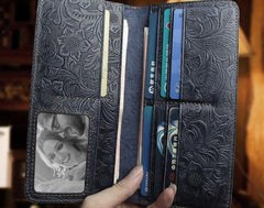 Handmade Leather Floral Mens Cool Travel Long Wallet Card Holder Card Slim Clutch Wallets for Men - imessengerbags
