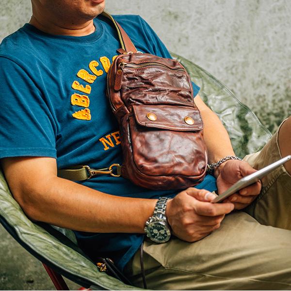 Fashion Black Leather Men Sling Bag Chest Bag Army Green Leather Sling Pack One Shoulder Backpack For Men - imessengerbags