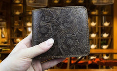Handmade Leather Floral Mens Cool Slim Leather Wallet Men billfold Wallets Bifold for Men - imessengerbags