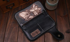 Handmade Leather Mens Cool Black Buddha Chain Wallet Biker Trucker Wallet with Chain - imessengerbags
