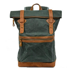 Green Waxed Canvas Leather Mens Cool Backpack Canvas Travel Backpack Canvas School Backpack for Men