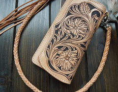 Handmade Leather Biker Wallet Tooled Floral Mens Cool Chain Wallet Trucker Wallet with Chain