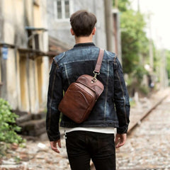 Casual Brown Leather Mens Sling Pack Sling Bags Chest Bags Brown One Shoulder Backpack for Men - imessengerbags