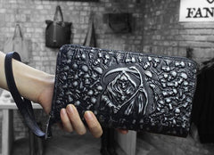 Handmade Leather Mens Tooled Skull Death Cool Zipper Phone Travel Long Wallet Card Holder Card Slim Clutch Wallets for Men - imessengerbags