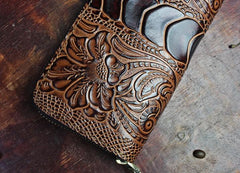 Handmade Leather Floral Mens Cool Zipper Phone Travel Long Wallet Card Holder Card Slim Clutch Wallets for Men - imessengerbags