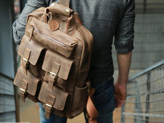Vintage Coffee Mens Leather Backpacks Travel Backpacks Laptop Backpack for men