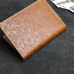 Handmade Leather Floral Mens Cool Short Wallet Passport Card Holder Small Card Slim Wallets for Men - imessengerbags