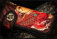 Handmade Leather Tooled Carp Mens Chain Biker Wallet Cool Leather Wallet Long Phone Wallets for Men