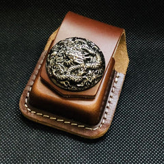 Coffee Handmade Leather Mens Cross Zippo Lighter Holders Lighter Case For Men - imessengerbags
