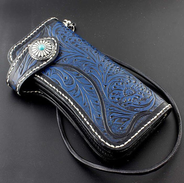 Tooled Handmade Blue Leather Men's Chain Wallet Motorcycle Wallet Long Wallet with Chain For Men - imessengerbags