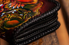 Handmade Leather Chinese Lion Mens Chain Biker Wallet Cool Leather Wallet With Chain Wallets for Men