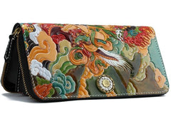 Handmade Leather Tooled White Jambhala Mens Long Wallet Cool Leather Clutch Wallets for Men