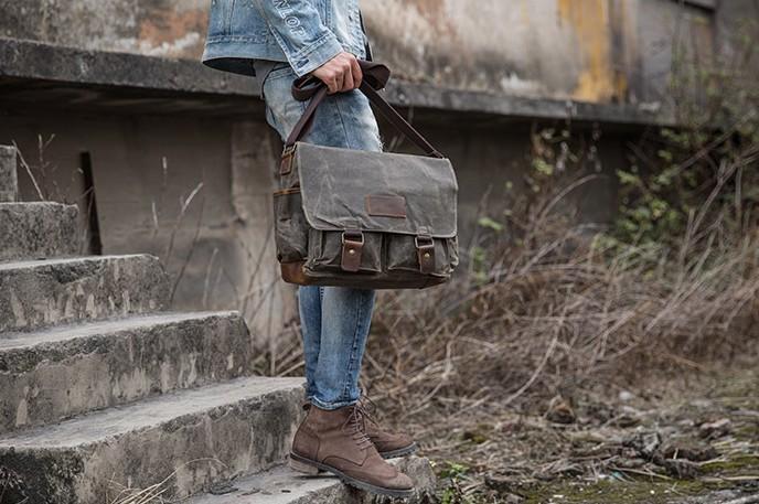 Waxed Canvas Messenger Bag - Vintage Shoulder Bag