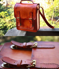 Handmade Vintage Brown Leather Mens School Shoulder Bag Messenger Bag for Men