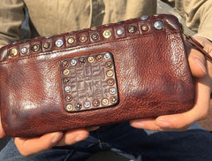 Handmade Genuine Rock Punk Leather Mens Cool Long Wallet Wristlet Bifold Clutch Wallet for Men