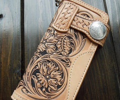 Handmade Leather Biker Wallet Tooled Floral Mens Cool Chain Wallet Trucker Wallet with Chain