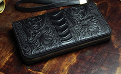 Handmade Leather Mens Tooled Floral Cool Zipper Phone Travel Long Wallet Card Holder Card Slim Clutch Wallets for Men - imessengerbags