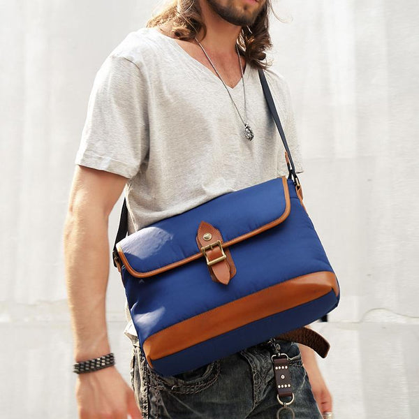 Blue Nylon Leather Mens Casual Side Bag Small Messenger Bags Casual Courier Bags for Men