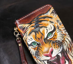 Handmade Leather Tiger Tooled Mens Chain Biker Wallet Cool Leather Wallet Long Phone Wallets for Men