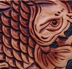 Handmade Leather Tooled Carp Mens Chain Biker Wallet Cool Leather Wallet Zipper Long Phone Wallets for Men