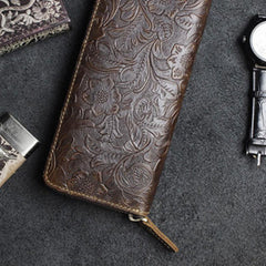 Handmade Leather Floral Mens Cool Travel Long Wallet Card Holder Card Slim Clutch Wallets for Men - imessengerbags