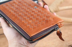Genuine Leather Mens Cool Braided Wallet Long Leather Wallet Clutch Wristlet Wallet for Men - imessengerbags