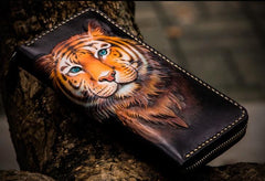 Handmade Leather Men Tooled Tiger Cool Leather Wallet Long Phone Clutch Wallets for Men - imessengerbags