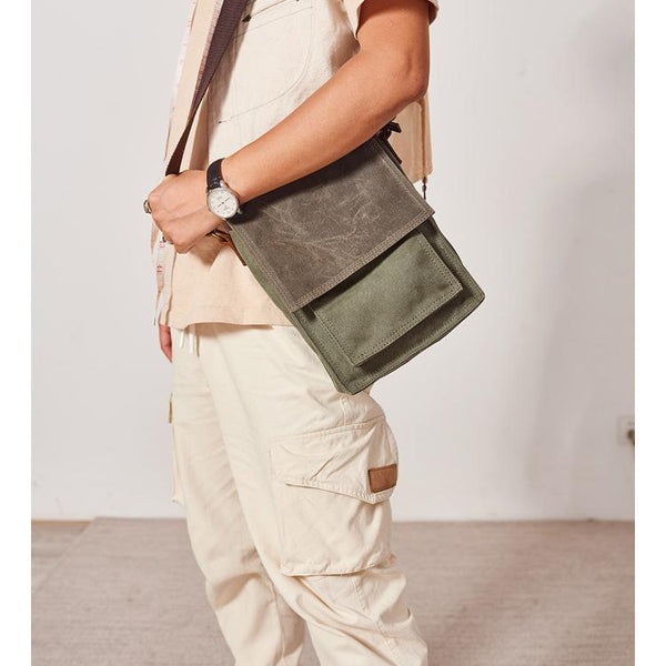Canvas Mens Vertical Messenger Shoulder Bag Green Small Side Bag Courier Bag for Men