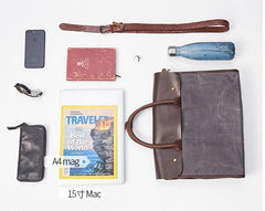 Mens Gray Canvas Leather Briefcase Handbag Work Bag Business Bag for Men