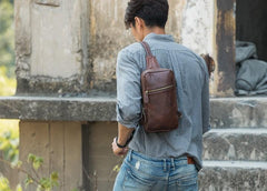 Coffee Leather Mens Sling Bag Sling Shoulder Bag Sling Backpacks for men