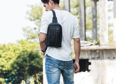 Leather Mens Black Sling Bag Sling Shoulder Bag Sling Backpack for men