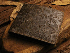 Handmade Leather Floral Mens Cool Slim Leather Wallet Men billfold Wallets Bifold for Men - imessengerbags