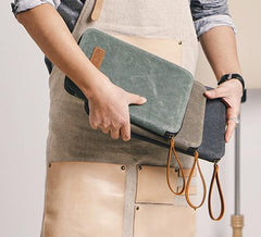 Gray Canvas Leather Mens Large Clutch Wallet Zipper Wristlet Bag Purse for Men