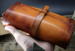 Handmade Leather Mens Brown Bifold Long Wallet Vintage Cool Clutch Wallet for Men