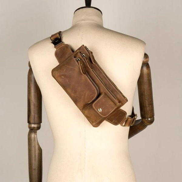 Vintage Brown Leather Mens Fanny Pack Waist Bag Coffee Hip Pack Belt Bag Bumbag for Men