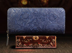 Handmade Leather Floral Mens Cool Travel Long Wallet Card Holder Card Slim Clutch Wallets for Men - imessengerbags