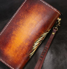 Handmade Leather Tiger Tooled Mens Chain Biker Wallet Cool Leather Wallet Long Phone Wallets for Men