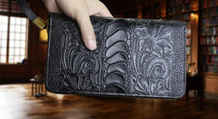 Handmade Leather Mens Tooled Floral Cool Zipper Phone Travel Long Wallet Card Holder Card Slim Clutch Wallets for Men - imessengerbags