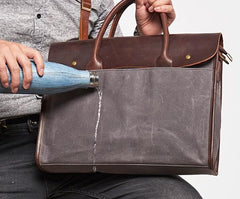 Mens Gray Canvas Leather Briefcase Handbag Work Bag Business Bag for Men